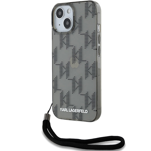 Ovitek za Apple iPhone 15, Karl Lagerfeld, IML Luxury Monogram KL Pattern with Strap, Črna