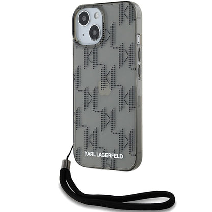 Ovitek za Apple iPhone 15, Karl Lagerfeld, IML Luxury Monogram KL Pattern with Strap, Črna