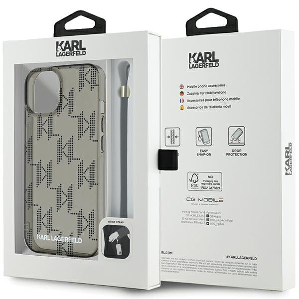 Ovitek za Apple iPhone 15, Karl Lagerfeld, IML Luxury Monogram KL Pattern with Strap, Črna