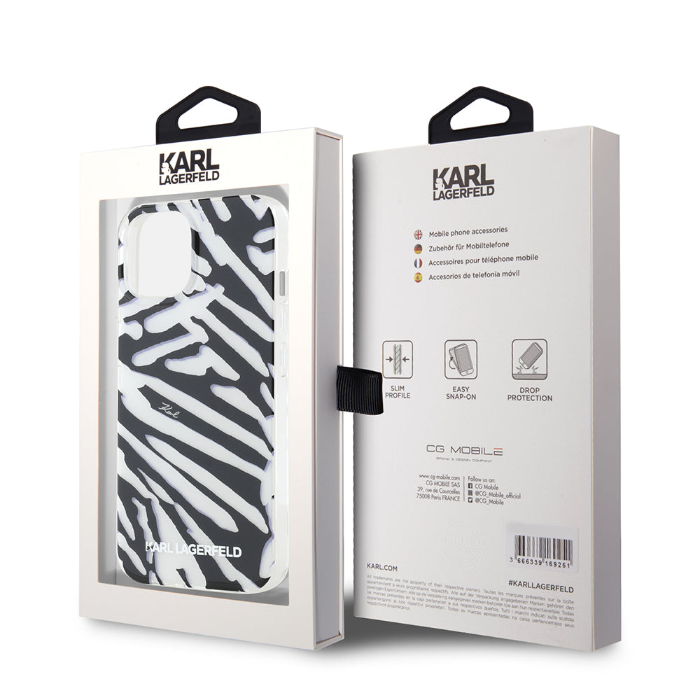 Ovitek za Apple iPhone 15, Karl Lagerfeld, IML Luxury Zebra Pattern with Strap, Črna