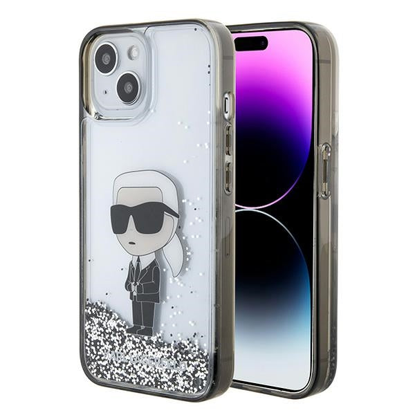 Ovitek za Apple iPhone 15, Karl Lagerfeld, Liquid Glitter Ikonik Karl, Prozoren
