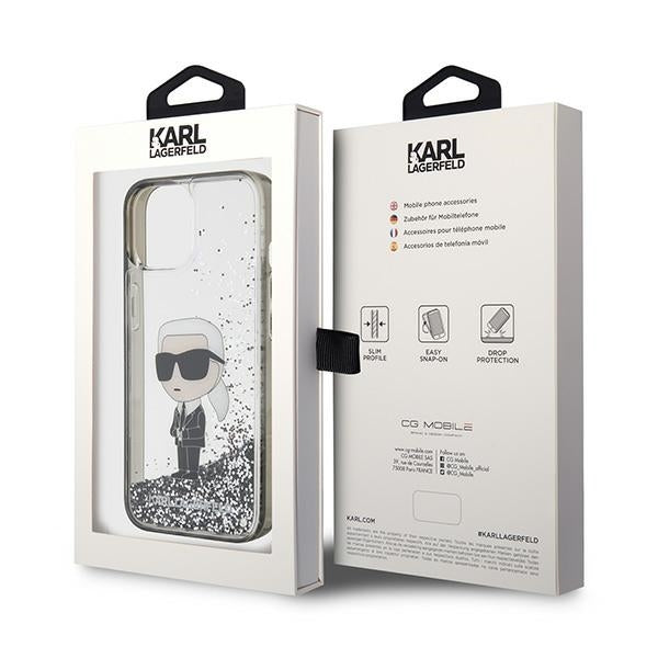 Ovitek za Apple iPhone 15, Karl Lagerfeld, Liquid Glitter Ikonik Karl, Prozoren