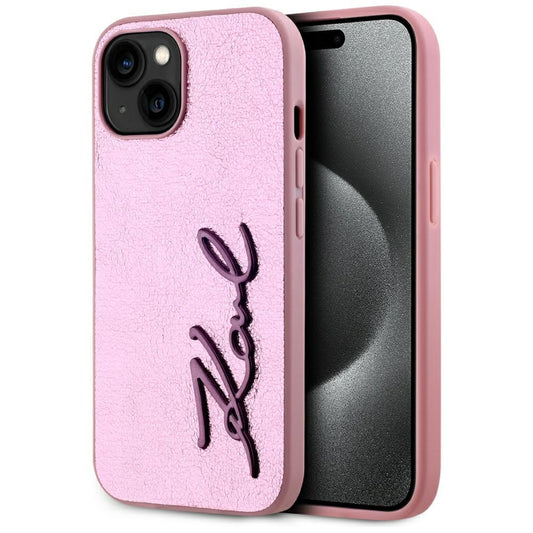 Ovitek za Apple iPhone 15, Karl Lagerfeld, Metal Signature, Roza