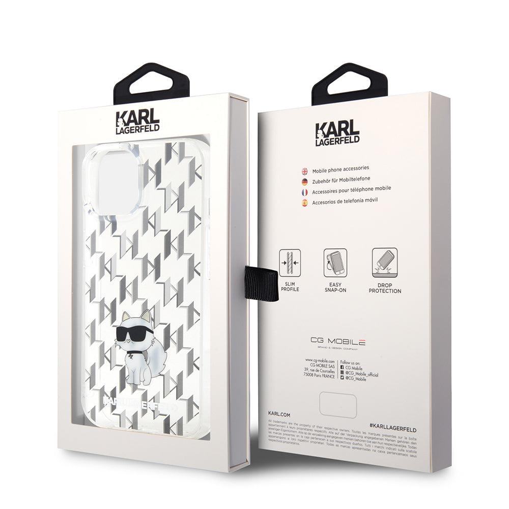 Ovitek za Apple iPhone 15, Karl Lagerfeld, Monogram Choupette, Prozoren
