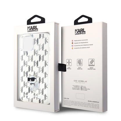 Ovitek za Apple iPhone 15, Karl Lagerfeld, Monogram Choupette, Prozoren