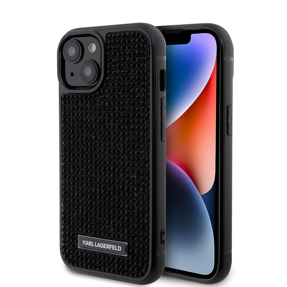 Ovitek za Apple iPhone 15, Karl Lagerfeld, Rhinestone Metal Plate, Črna