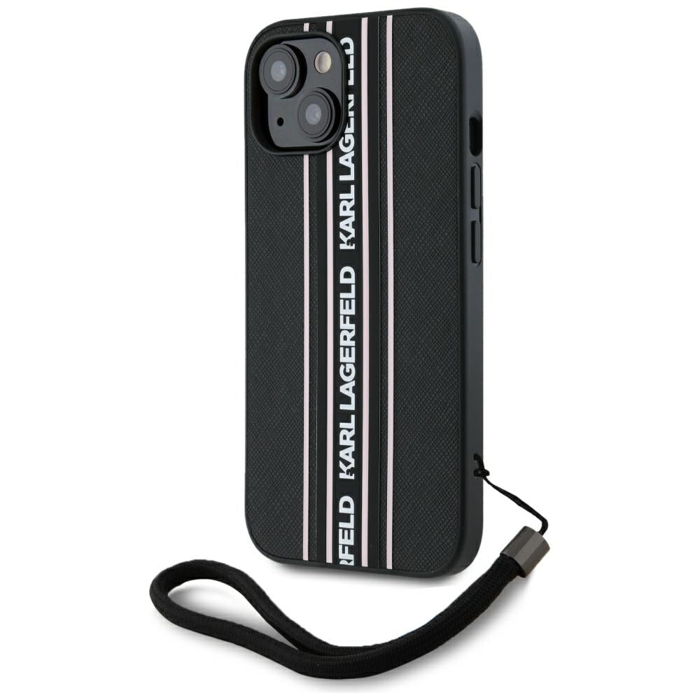 Ovitek za Apple iPhone 15, Karl Lagerfeld, Saffiano Athleisure Stripes with Strap, Roza