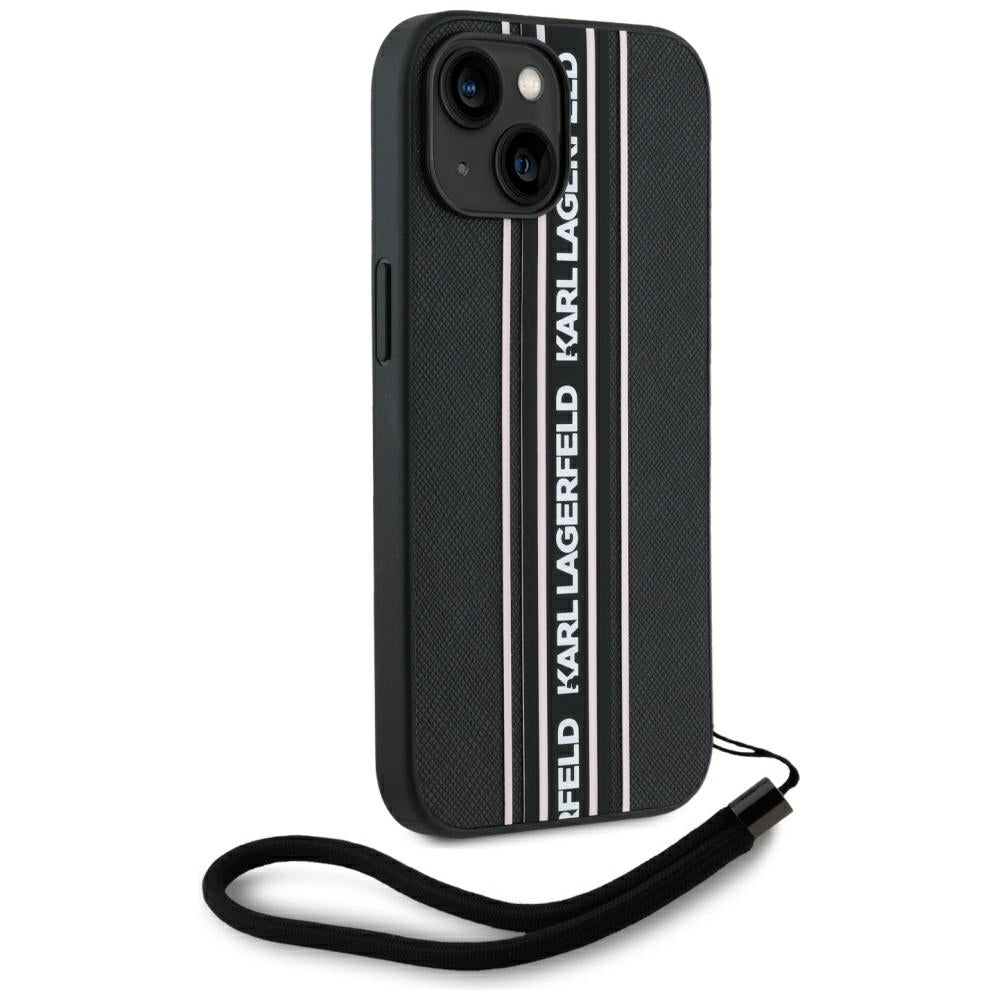 Ovitek za Apple iPhone 15, Karl Lagerfeld, Saffiano Athleisure Stripes with Strap, Roza