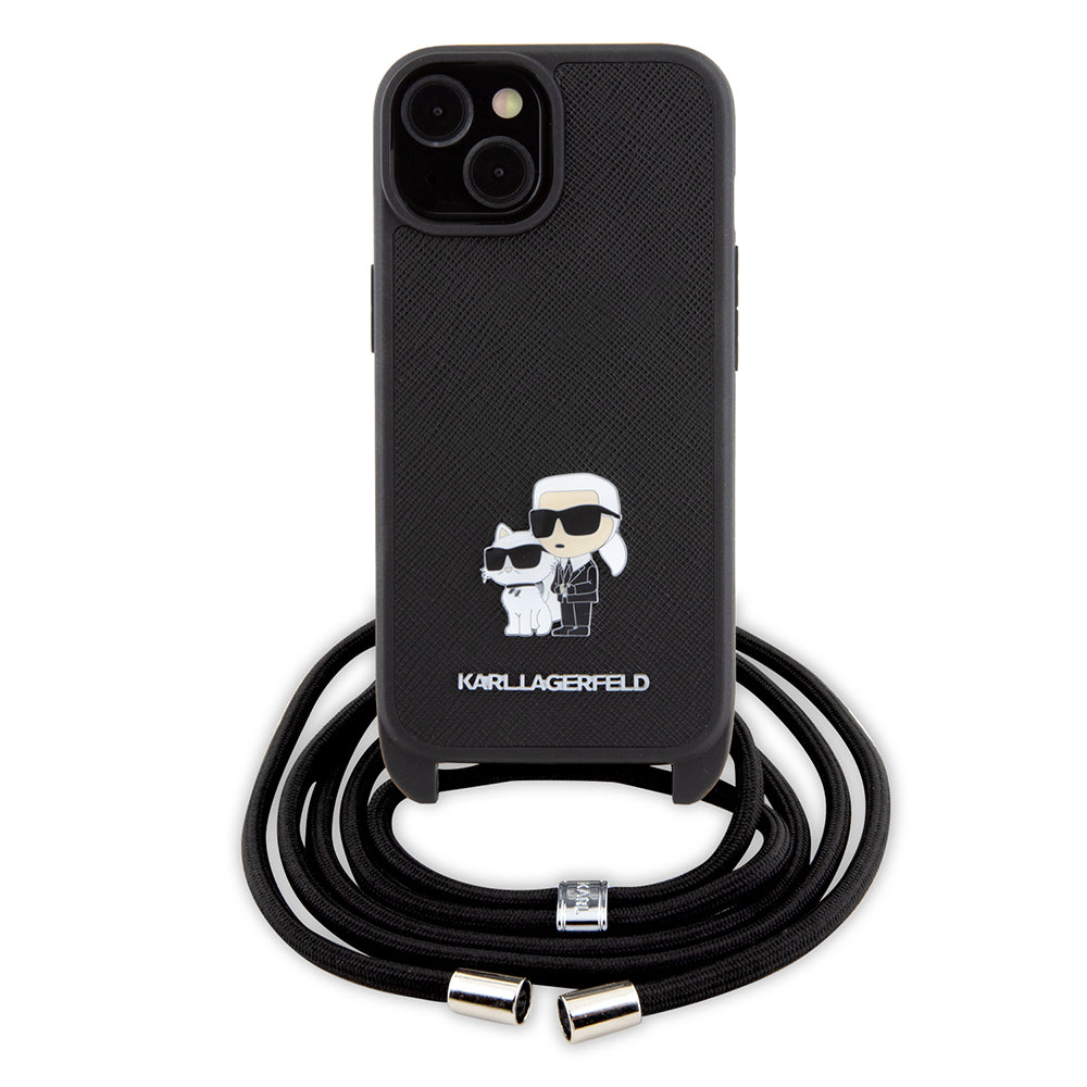 Ovitek za Apple iPhone 15, Karl Lagerfeld, Saffiano Crossbody Metal Pin Karl & Choupette, črn