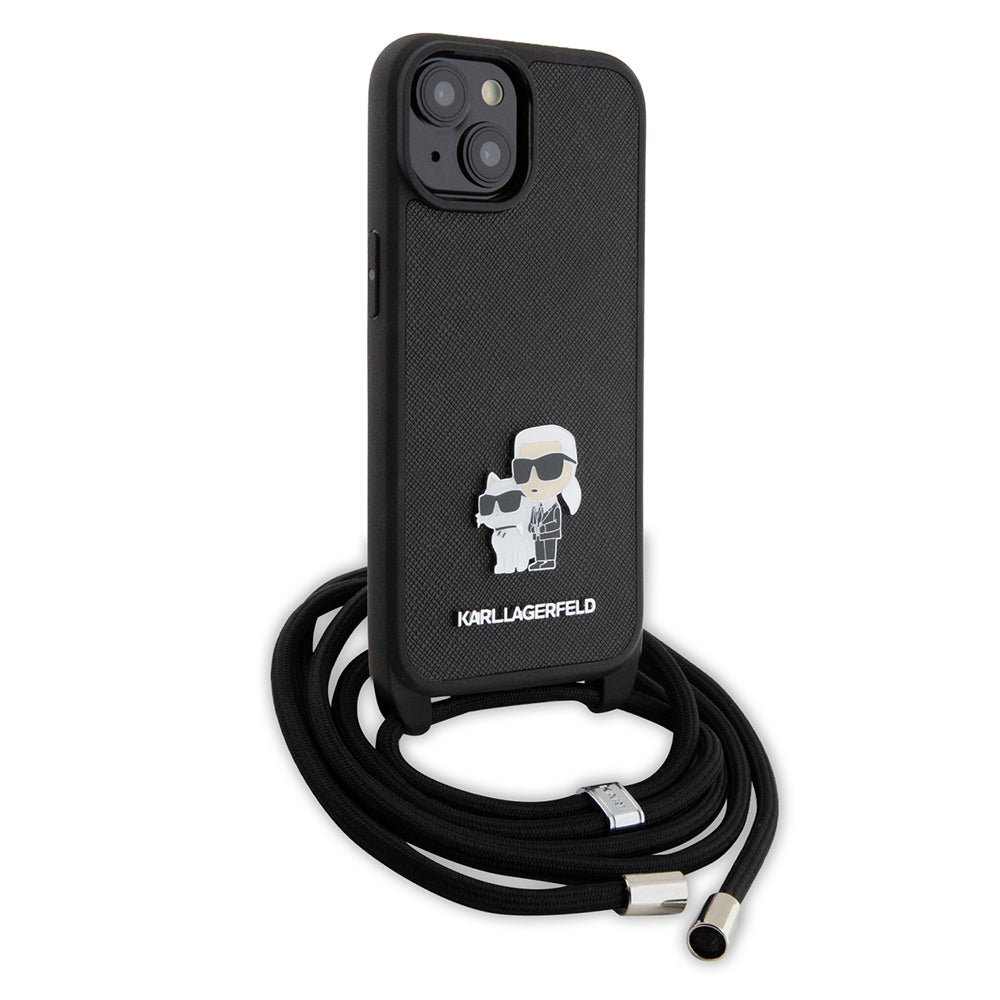 Ovitek za Apple iPhone 15, Karl Lagerfeld, Saffiano Crossbody Metal Pin Karl & Choupette, črn