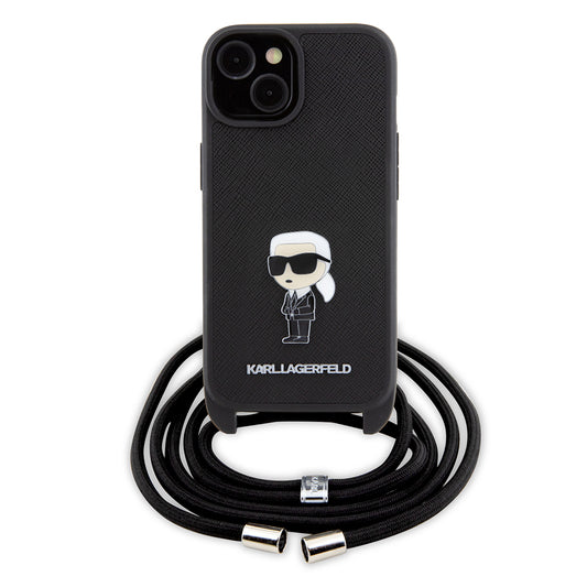 Ovitek za Apple iPhone 15, Karl Lagerfeld, Saffiano Crossbody Monogram Metal Pin Karl, Črna