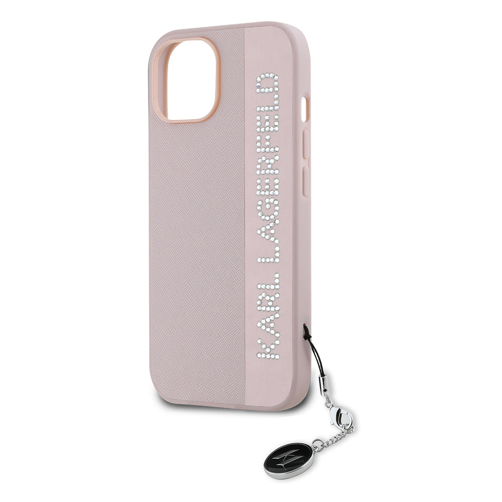 Ovitek za Apple iPhone 15, Karl Lagerfeld, Saffiano Rhinestones & Charm, Roza