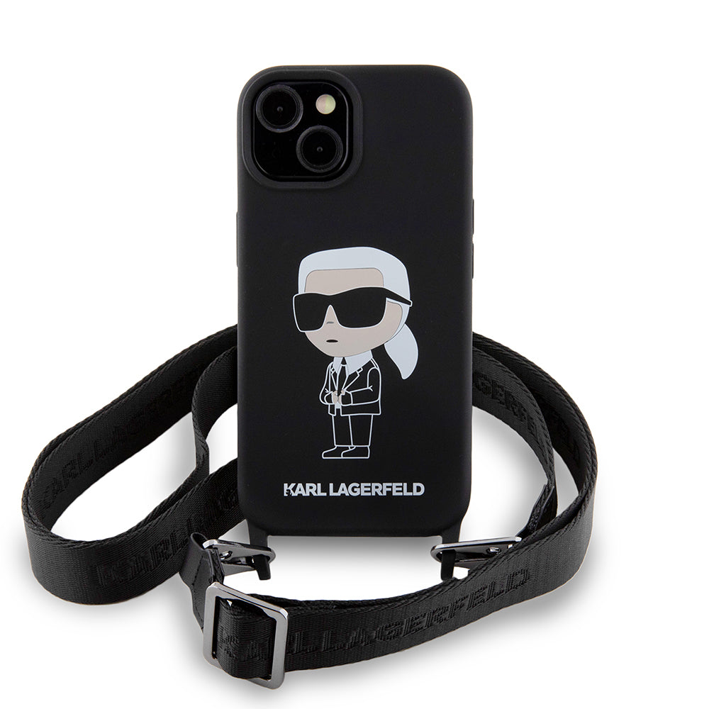 Ovitek za Apple iPhone 15, Karl Lagerfeld, silikonski Crossbody Ikonik Karl, črn
