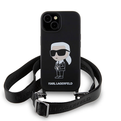 Ovitek za Apple iPhone 15, Karl Lagerfeld, silikonski Crossbody Ikonik Karl, črn