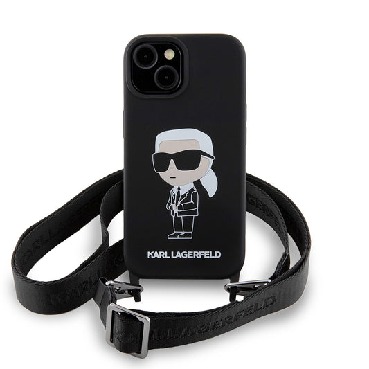 Ovitek za Apple iPhone 15, Karl Lagerfeld, silikonski Crossbody Ikonik Karl, črn