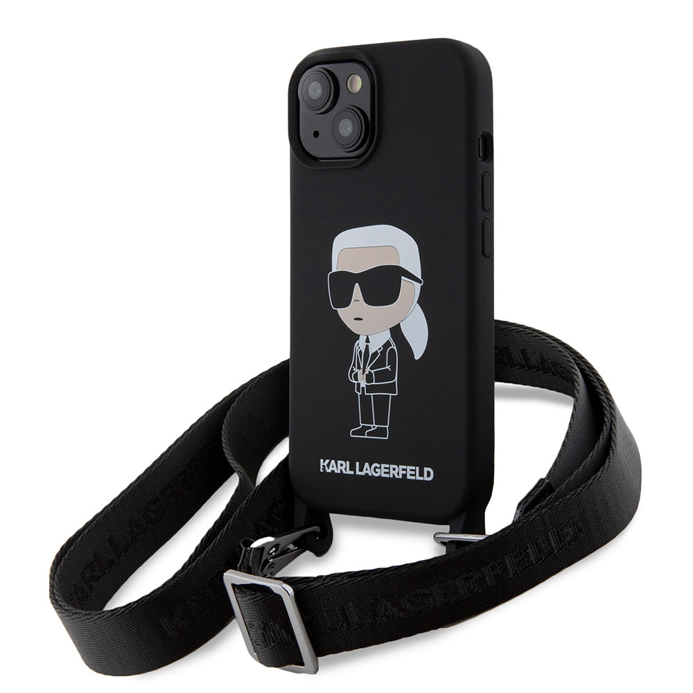 Ovitek za Apple iPhone 15, Karl Lagerfeld, silikonski Crossbody Ikonik Karl, črn