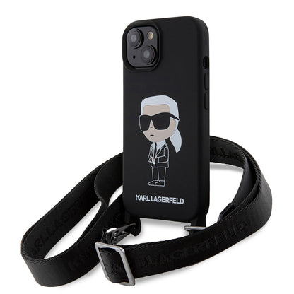 Ovitek za Apple iPhone 15, Karl Lagerfeld, silikonski Crossbody Ikonik Karl, črn