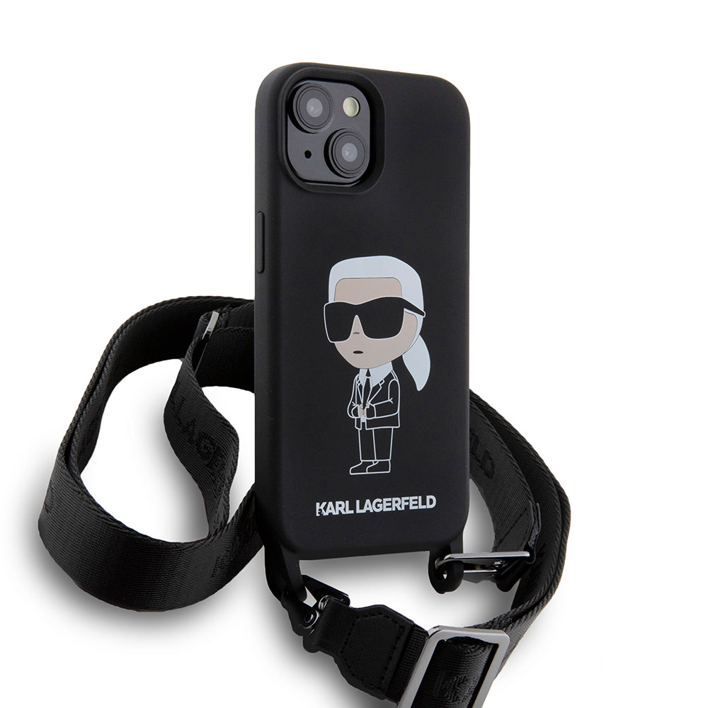 Ovitek za Apple iPhone 15, Karl Lagerfeld, silikonski Crossbody Ikonik Karl, črn