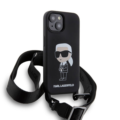 Ovitek za Apple iPhone 15, Karl Lagerfeld, silikonski Crossbody Ikonik Karl, črn