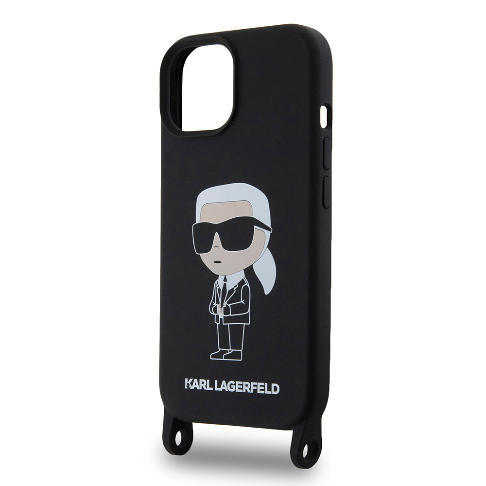 Ovitek za Apple iPhone 15, Karl Lagerfeld, silikonski Crossbody Ikonik Karl, črn