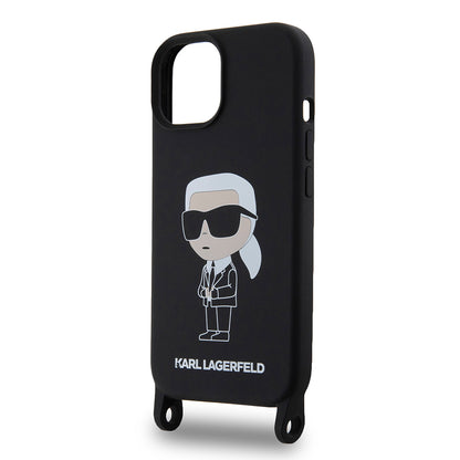 Ovitek za Apple iPhone 15, Karl Lagerfeld, silikonski Crossbody Ikonik Karl, črn