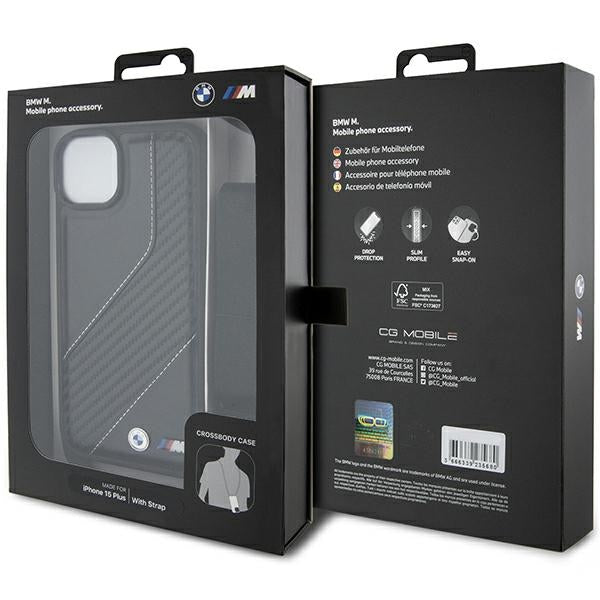 Ovitek za Apple iPhone 15 Plus, BMW, M Edition Carbon Stripe & Strap, Črn