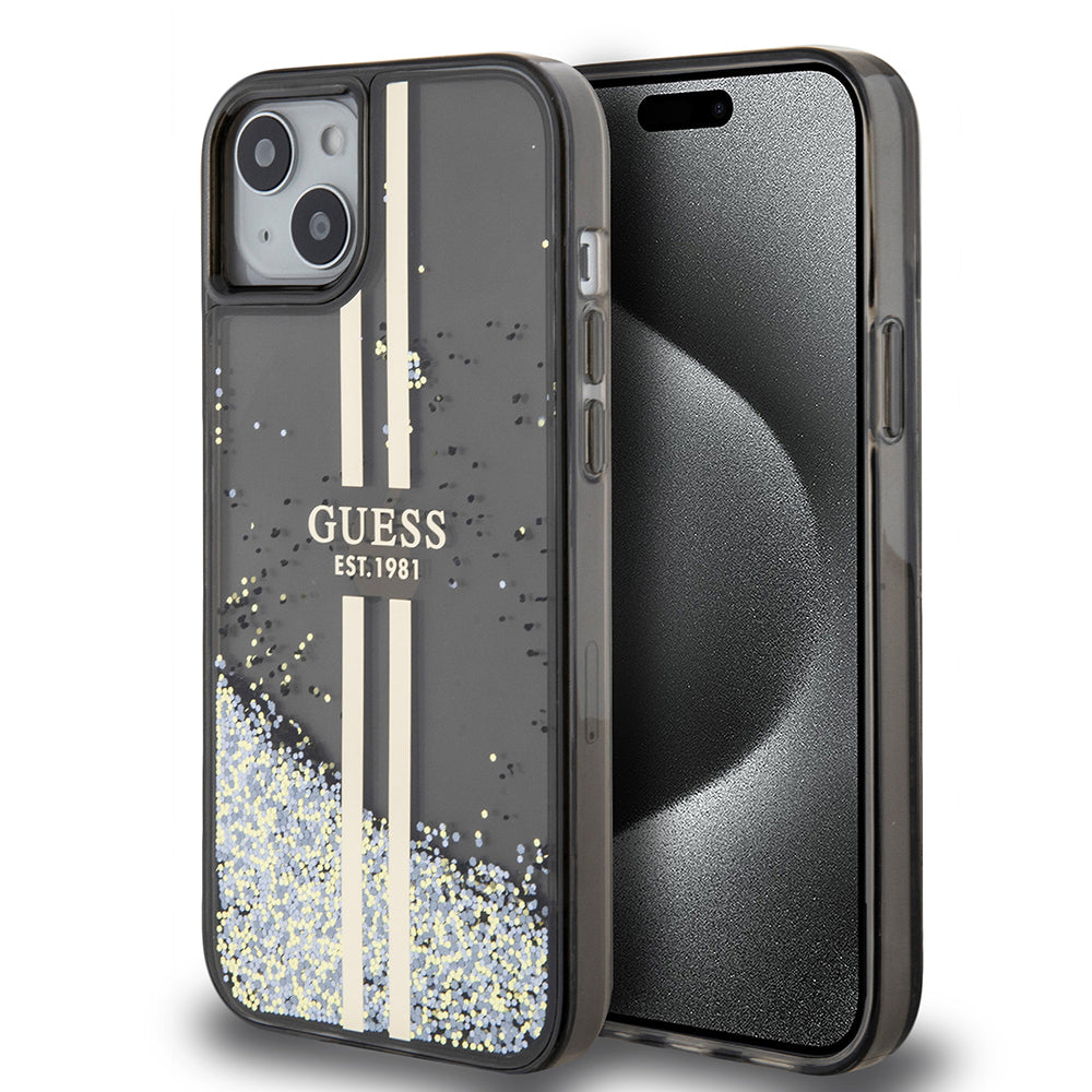 Ovitek za Apple iPhone 15 Plus, Guess, Liquid Glitter Gold Stripes, črn