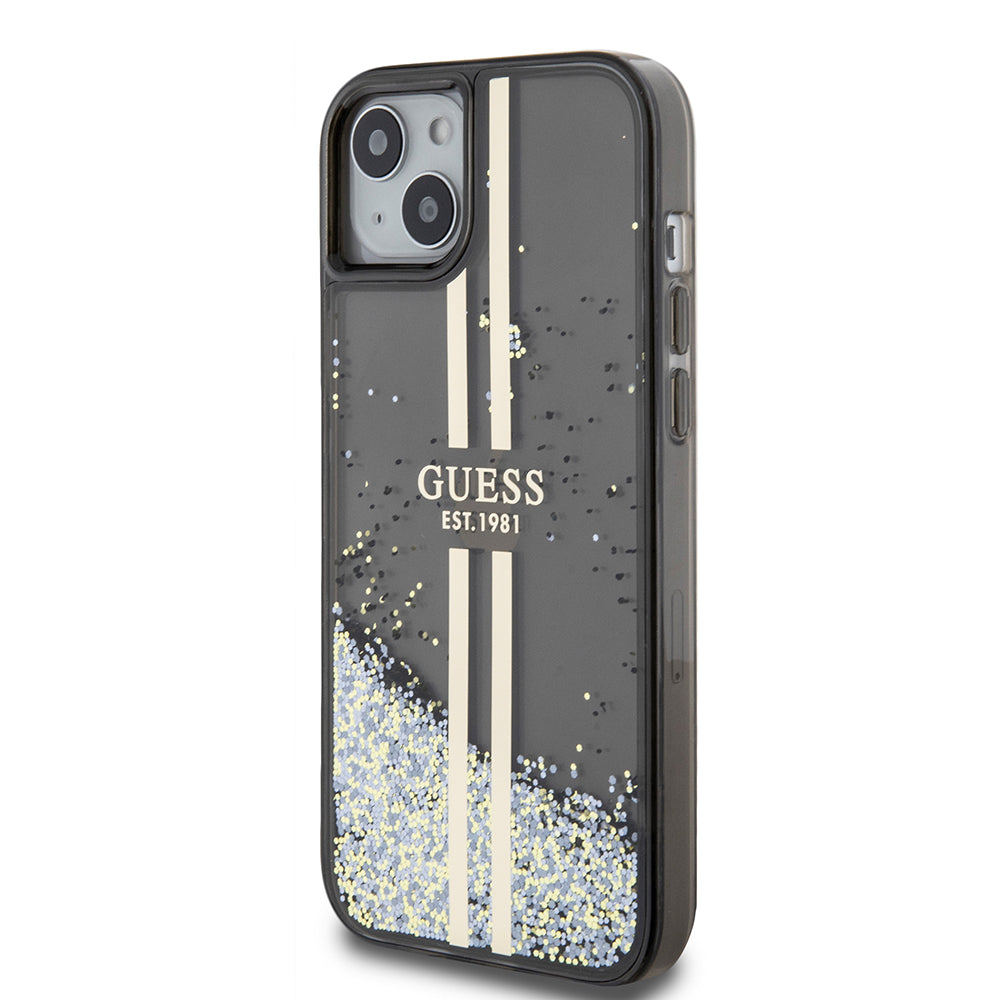 Ovitek za Apple iPhone 15 Plus, Guess, Liquid Glitter Gold Stripes, črn