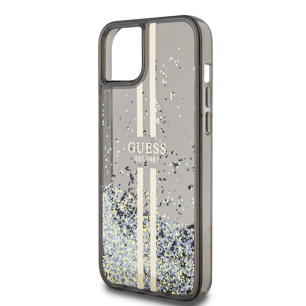 Ovitek za Apple iPhone 15 Plus, Guess, Liquid Glitter Gold Stripes, črn