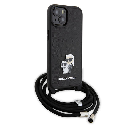 Case for Apple iPhone 15 Plus, Karl Lagerfeld, Saffiano Crossbody Metal Pin Karl & Choupette, Black