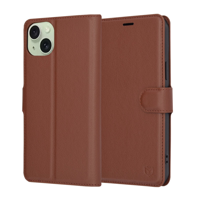 Ovitek za Apple iPhone 15 Plus, Techsuit, usnjen folio, rjav