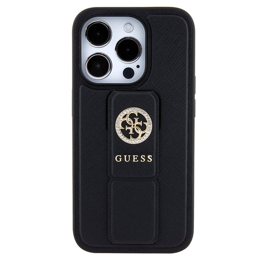 Ovitek za Apple iPhone 15 Pro, Guess, Grip Stand 4G Saffiano Strass, črn