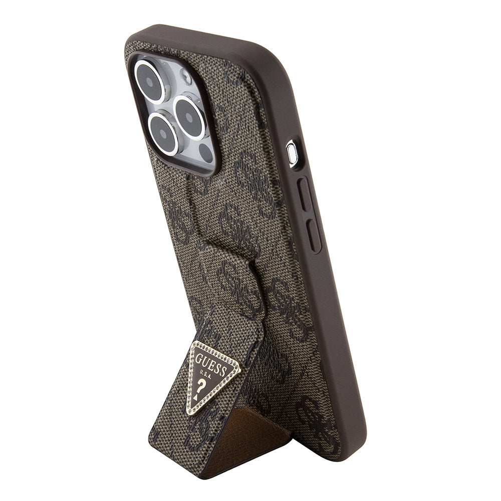 Ovitek za Apple iPhone 15 Pro, Guess, Grip Stand 4G Triangle Strass, Rjava