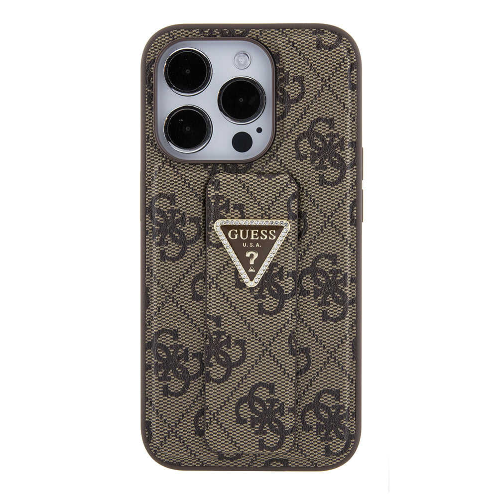 Ovitek za Apple iPhone 15 Pro, Guess, Grip Stand 4G Triangle Strass, Rjava