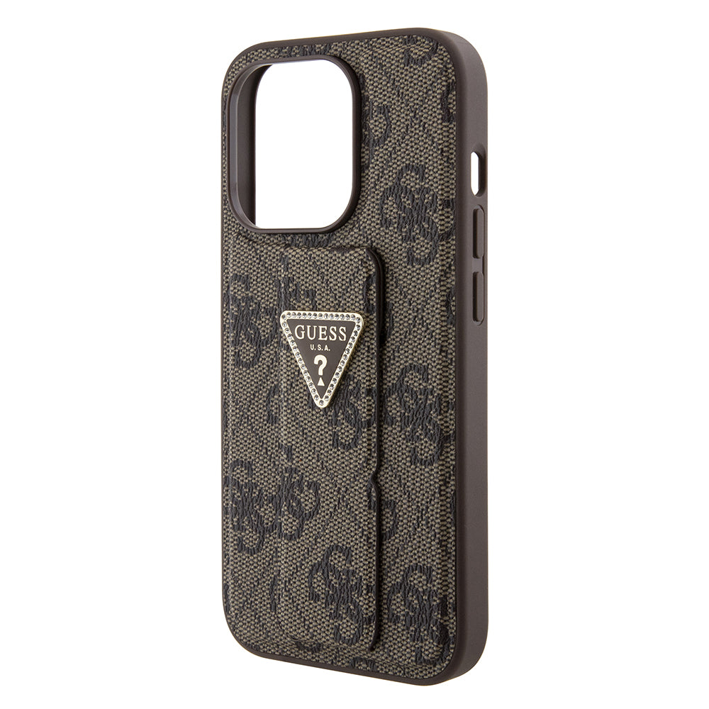 Ovitek za Apple iPhone 15 Pro, Guess, Grip Stand 4G Triangle Strass, Rjava