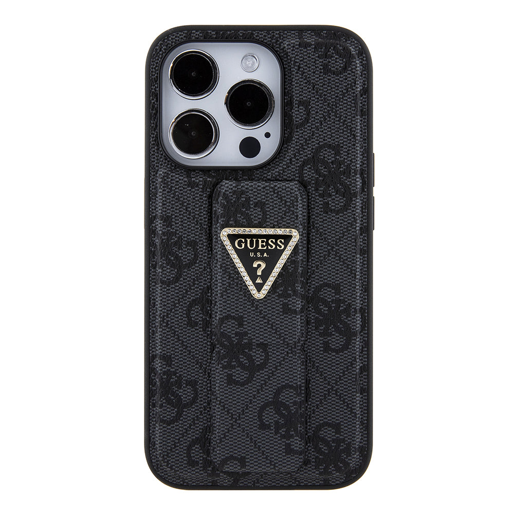 Ovitek za Apple iPhone 15 Pro, Guess, Grip Stand 4G Triangle Strass, črn