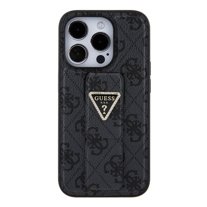 Ovitek za Apple iPhone 15 Pro, Guess, Grip Stand 4G Triangle Strass, črn