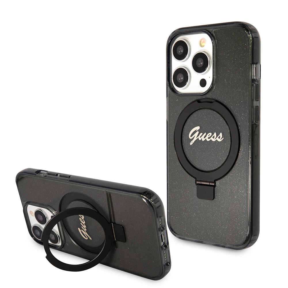 Ovitek MagSafe za Apple iPhone 15 Pro, Guess, IML Ring Stand Glitter, Črn