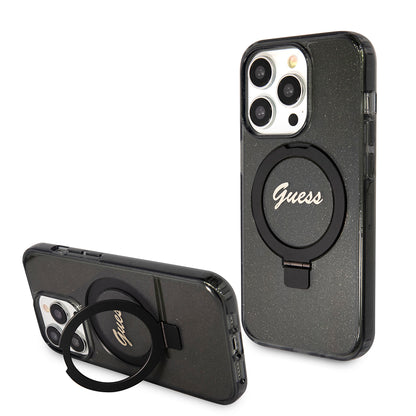 Ovitek MagSafe za Apple iPhone 15 Pro, Guess, IML Ring Stand Glitter, Črn