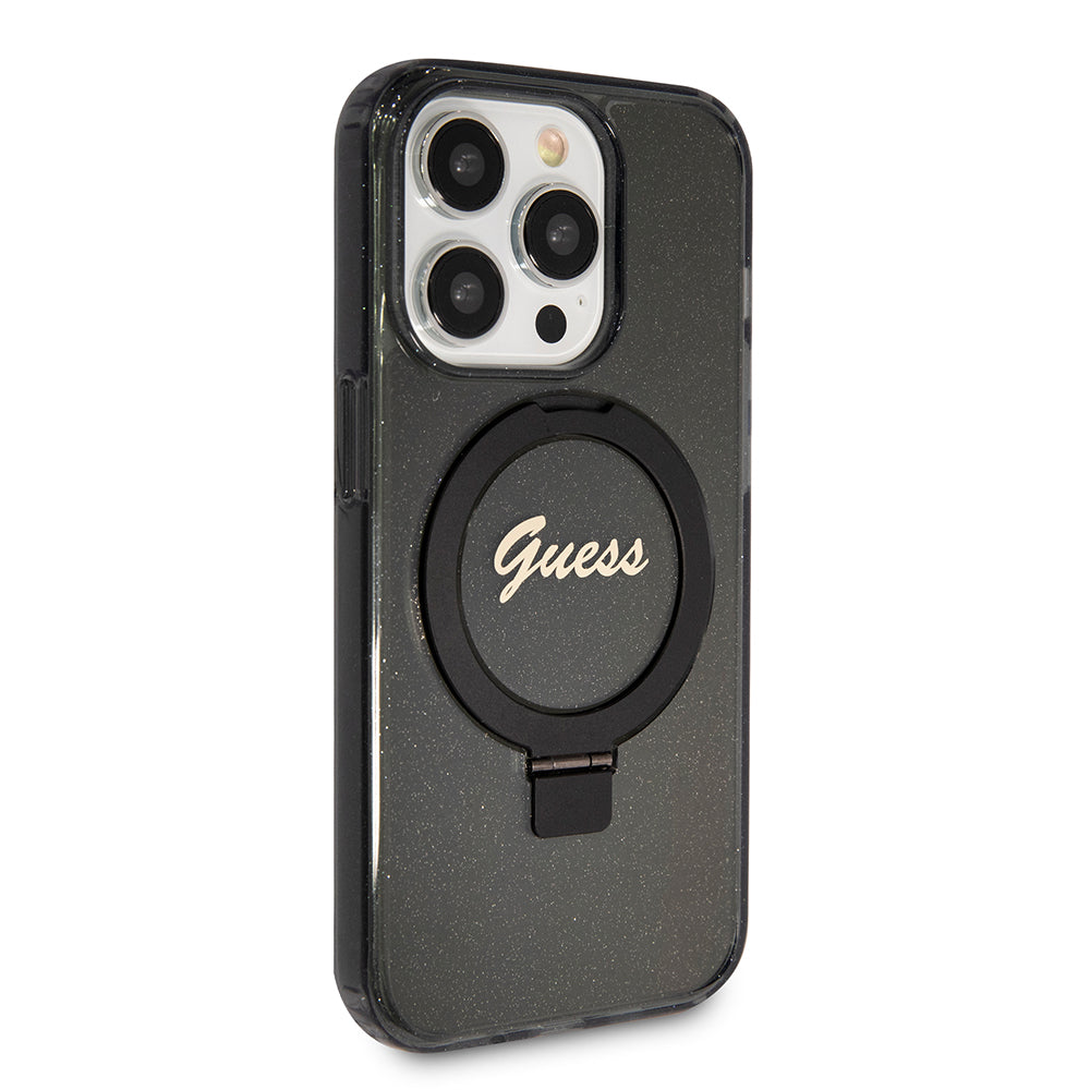 Ovitek MagSafe za Apple iPhone 15 Pro, Guess, IML Ring Stand Glitter, Črn