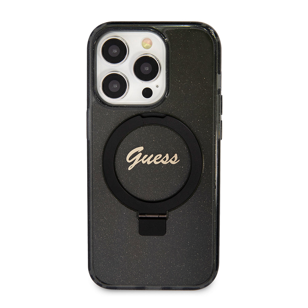 Ovitek MagSafe za Apple iPhone 15 Pro, Guess, IML Ring Stand Glitter, Črn