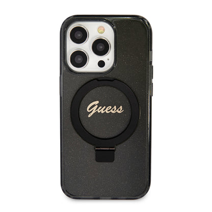 Ovitek MagSafe za Apple iPhone 15 Pro, Guess, IML Ring Stand Glitter, Črn