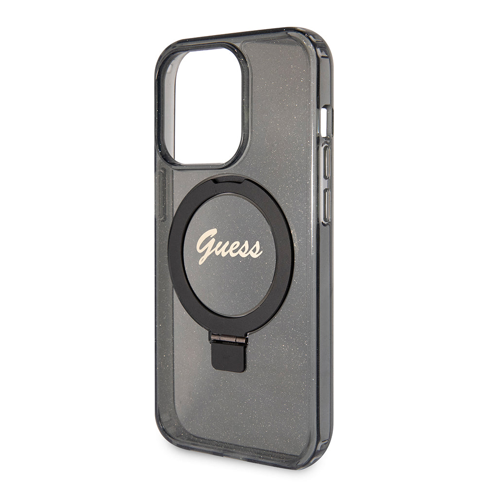 Ovitek MagSafe za Apple iPhone 15 Pro, Guess, IML Ring Stand Glitter, Črn