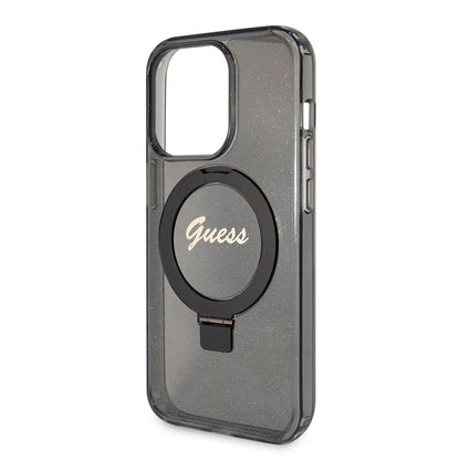Ovitek MagSafe za Apple iPhone 15 Pro, Guess, IML Ring Stand Glitter, Črn