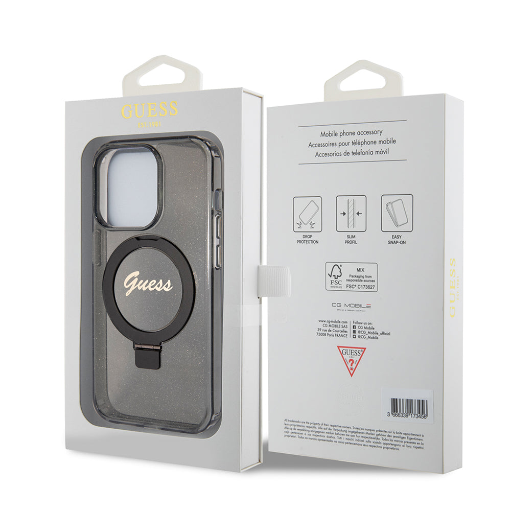 Ovitek MagSafe za Apple iPhone 15 Pro, Guess, IML Ring Stand Glitter, Črn