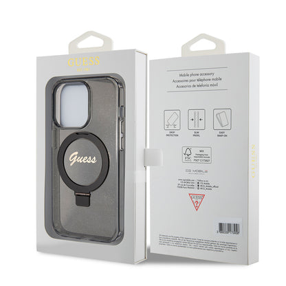 Ovitek MagSafe za Apple iPhone 15 Pro, Guess, IML Ring Stand Glitter, Črn