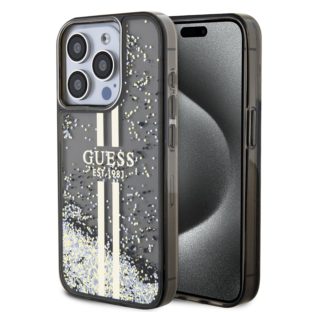 Ovitek za Apple iPhone 15 Pro, Guess, Liquid Glitter Gold Stripe, Črn