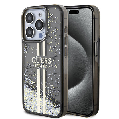 Ovitek za Apple iPhone 15 Pro, Guess, Liquid Glitter Gold Stripe, Črn