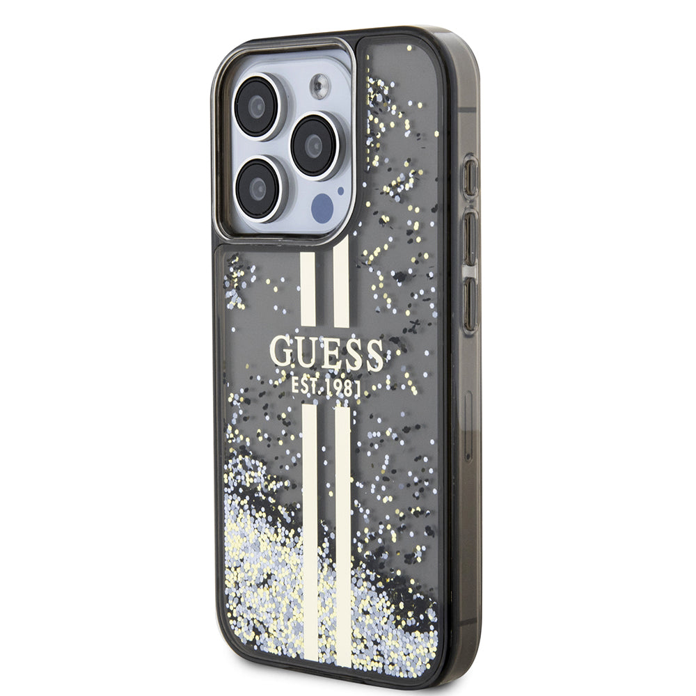 Ovitek za Apple iPhone 15 Pro, Guess, Liquid Glitter Gold Stripe, Črn