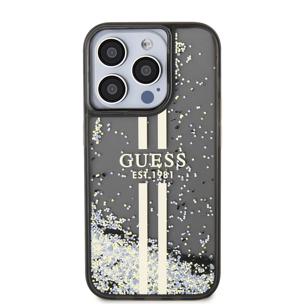 Ovitek za Apple iPhone 15 Pro, Guess, Liquid Glitter Gold Stripe, Črn